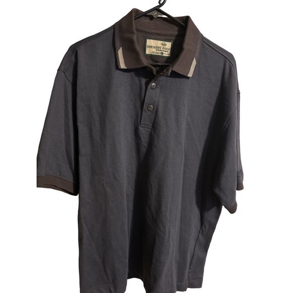 Docker Mens Shirt L Blue Khakiware Polo Short Sleeve Button Pullover Slit